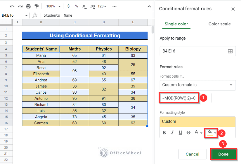 Applying Conditional Formatting Option to highlight merged cells in google sheets