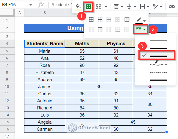 Using Borders Menu to highlight merged cells in google sheets