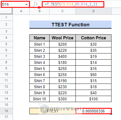example of using ttest to how to find p-value in google sheets