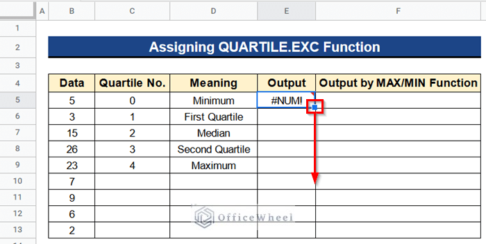 How to Find Quartiles in Google Sheets Assigning QUARTILE.EXC Function