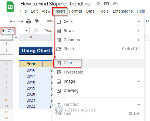 Using Chart Feature to Find Slope of Trendline in Google Sheets