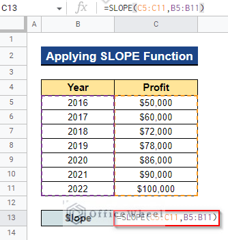 Applying SLOPE Function to Find Slope of Trendline in Google Sheets