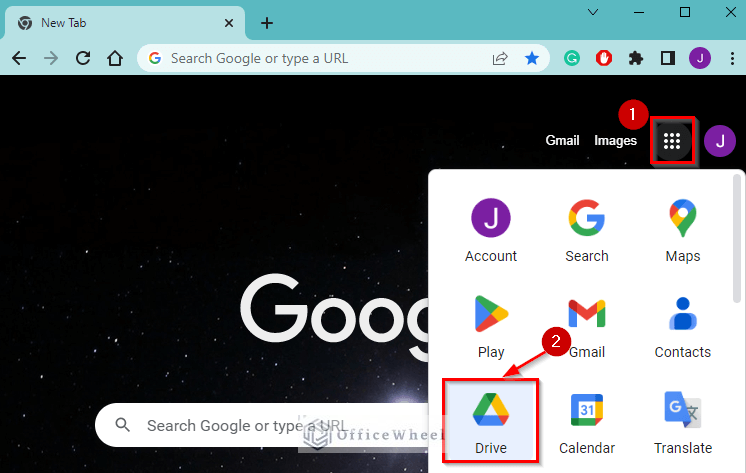 Selecting the Google Drive option from the web browser homepage
