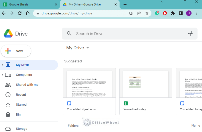 Google Drive's interface after selecting the option Google Drive from the menu