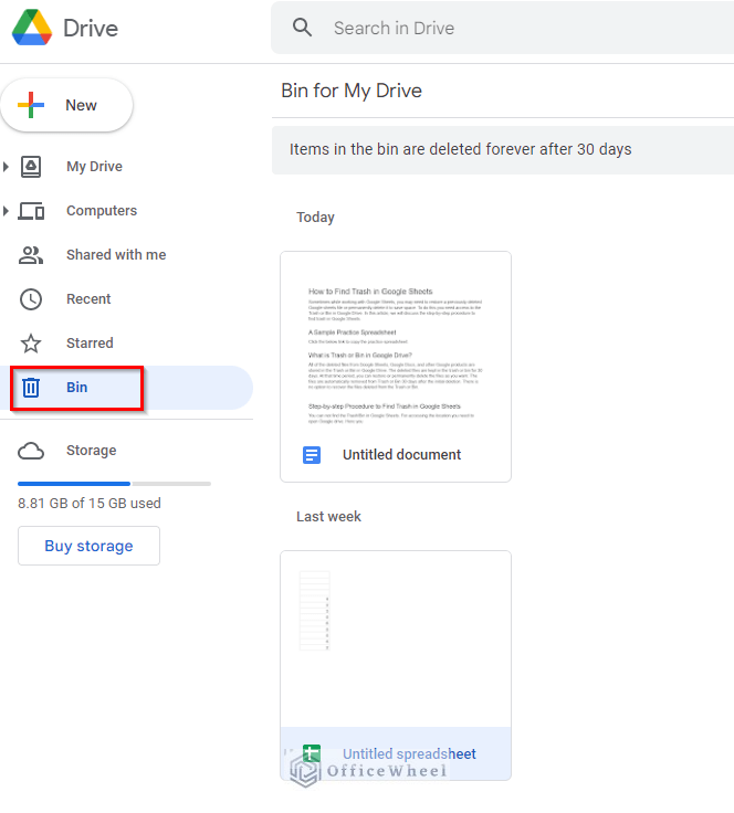 The Google Drive interface after selecting the option Bin