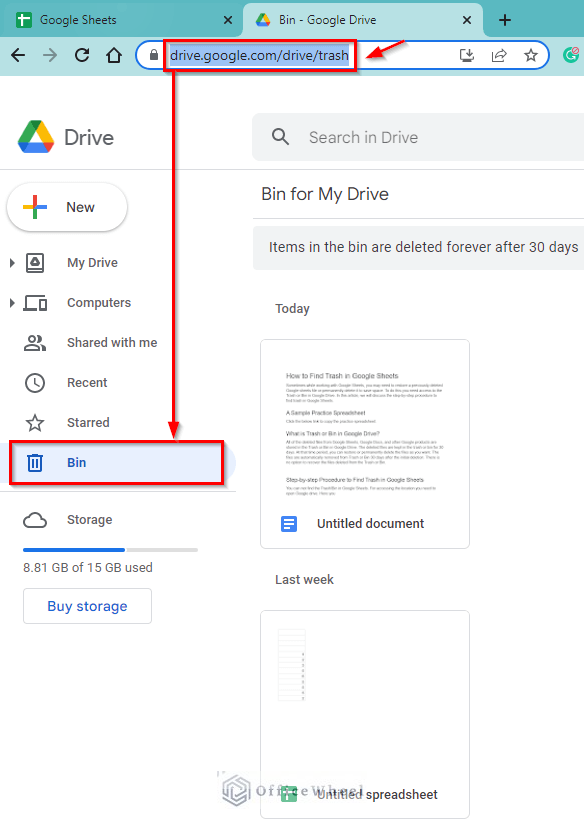 Using the shortcut URL to find trash in Google Sheets