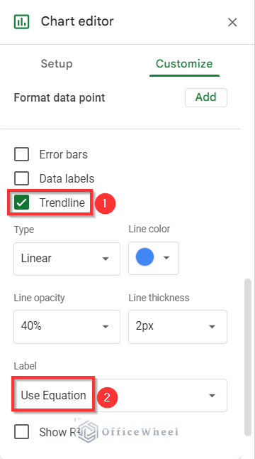Mark Trendline and Select Use Equation Option to Find Equation of Trendline in Google Sheets