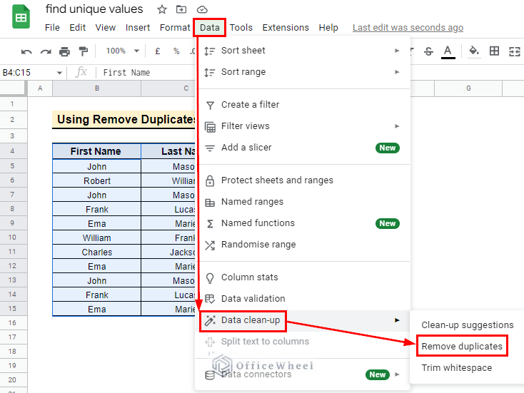 how to find unique values in google sheets using remove duplicate tool