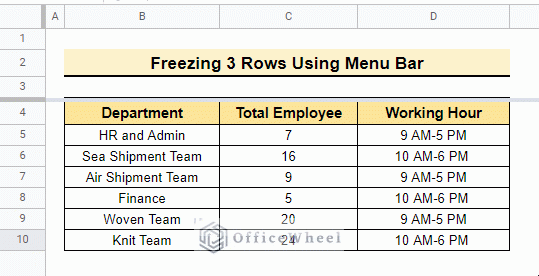 The output of how to freeze 3 rows in google sheets