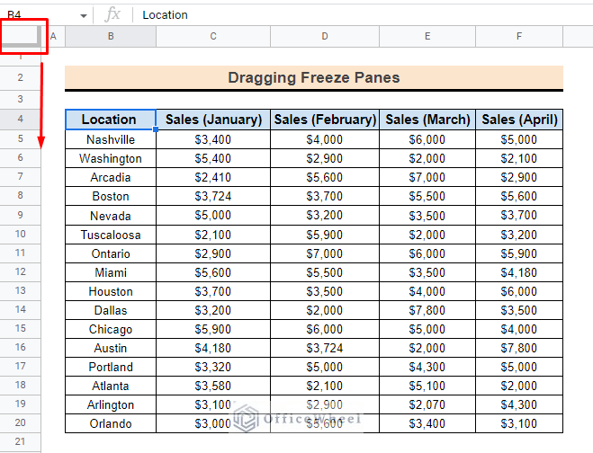 drag down the freeze pane in google sheets