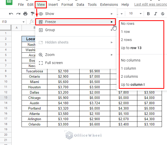 select freeze option in google sheets