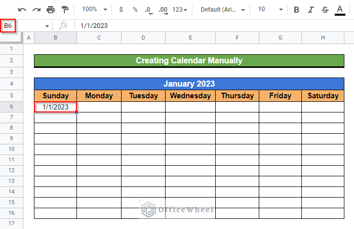 How to enter the first date of the month to insert a calendar in Google Sheets