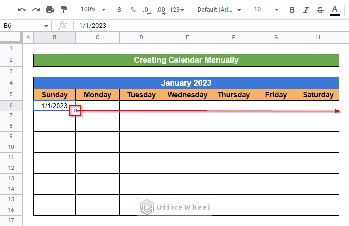 Using fill handle icon to replenish the remaining dates of a week