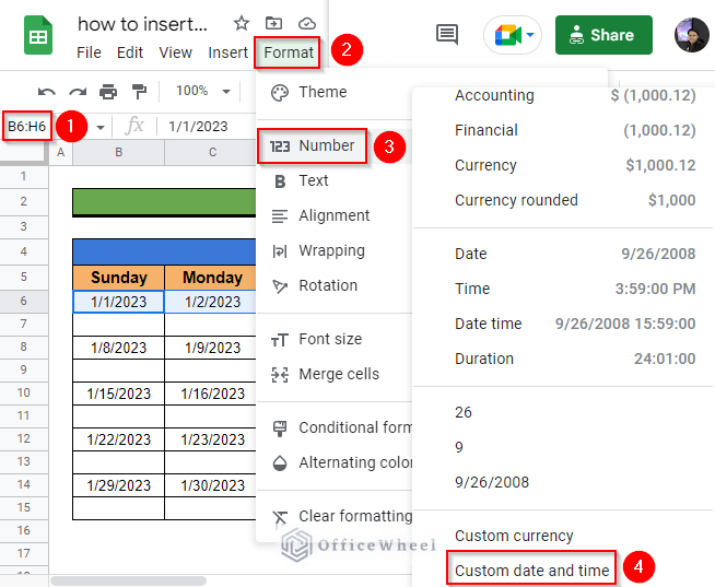 Selecting Custom date and time feature from the Number option of Format ribbon
