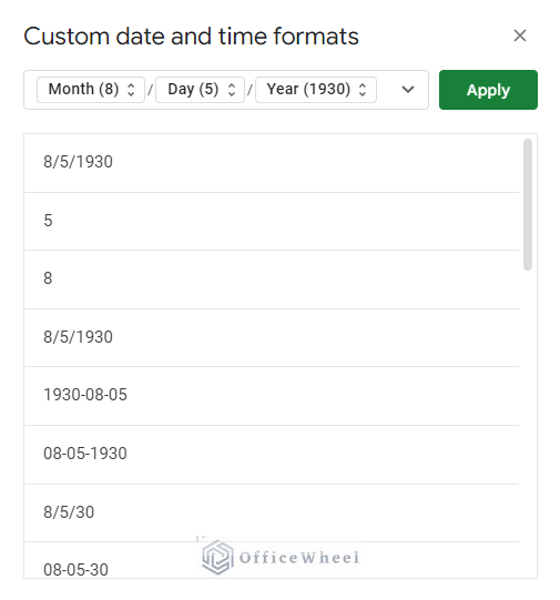 Pop-up window to customize the time and date format