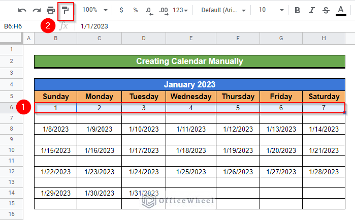 A row in calendar with the newly customized date format