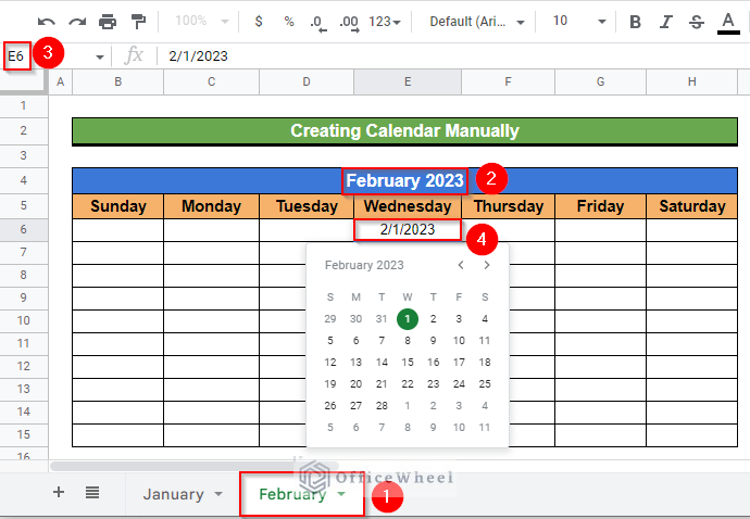 Insert the first date of February 2023 Calendar in Google Sheets