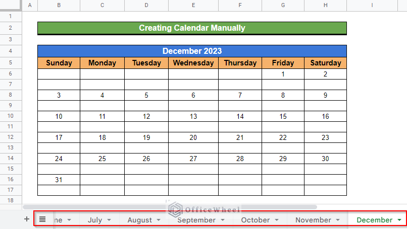 A view at the manually completed annual calendar