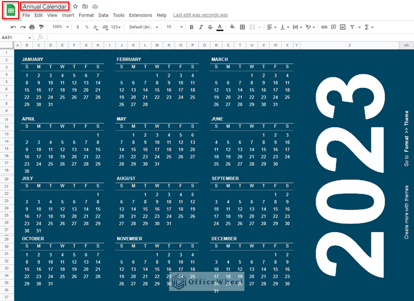 The annual calendar in opened Google Sheets Template