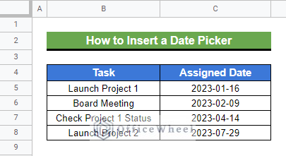 Final output after picking dates from the inserted date picker in Google Sheets