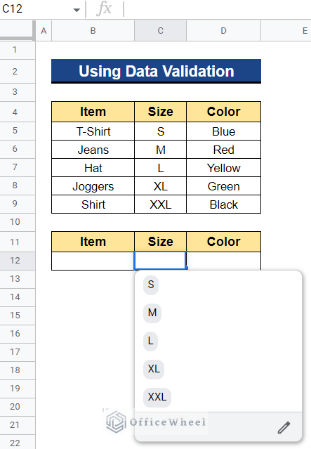 Output after Using Data Validation for Inserting Items from Cell Range