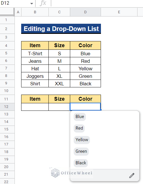 Output after Editing a Drop-Down List in Google Sheets