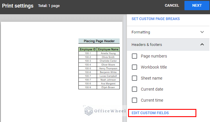 select edit custom fields to add custom header in google sheets