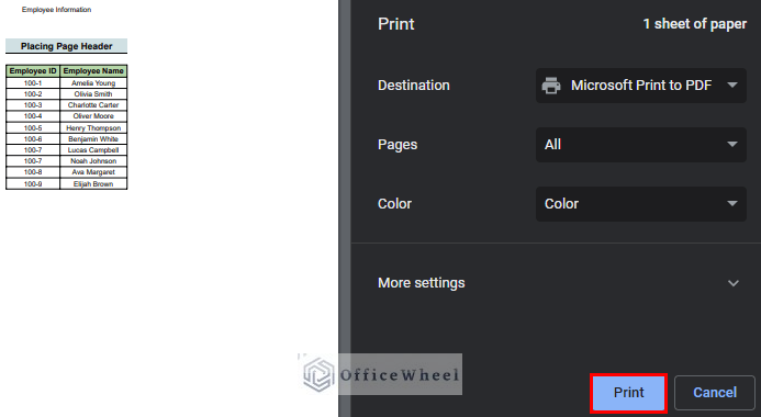 press print to print with header