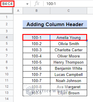 select cell to make header on top