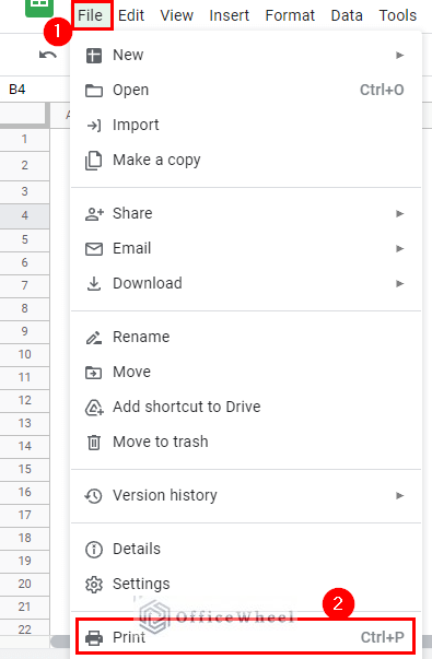 select print to insert a header in google sheets