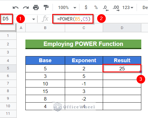 Employing POWER function to demonstrate how to insert an exponent in Google Sheets