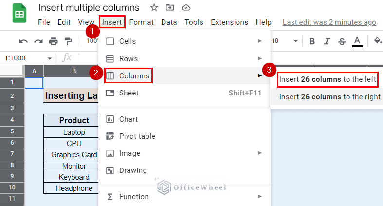Selecting options to insert 26 columns to the left