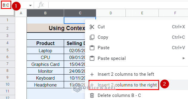 Selecting options to insert two columns to the right