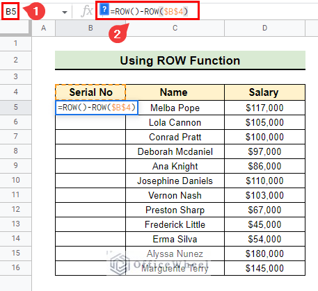 The use of ROW function to insert numbers in Google Sheets