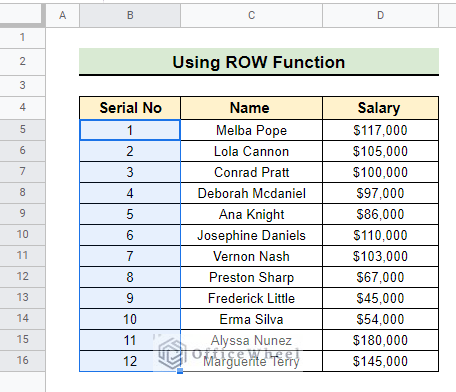 Result of using ROW function to insert numbers in Google Sheets