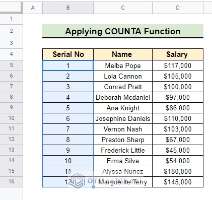 Result of using COUNTA function to insert numbers in Google Sheets