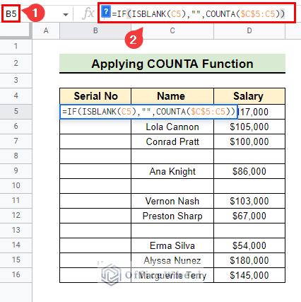 Inserting formula in the selected cell to insert serial numbers