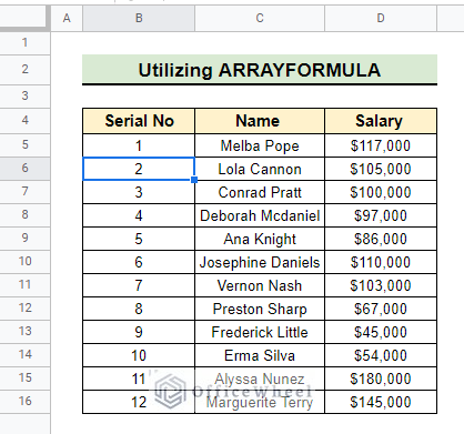 Final result of using  ARRAYFORMULA to insert numbers in Google Sheets