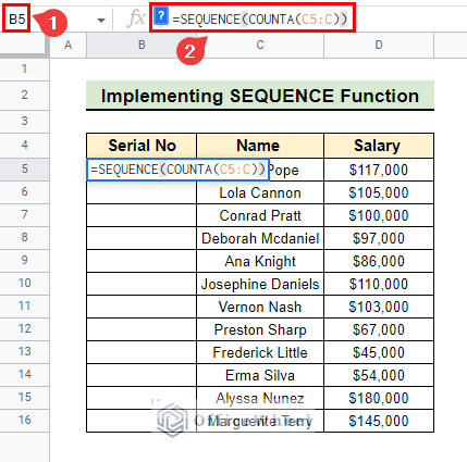 Implementing SEQUENCE function to insert numbers in Google Sheets