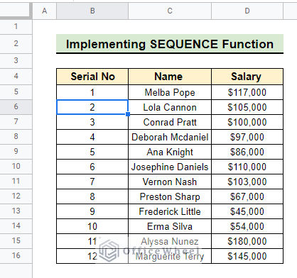 Final result of using  SEQUENCE to insert numbers in Google Sheets