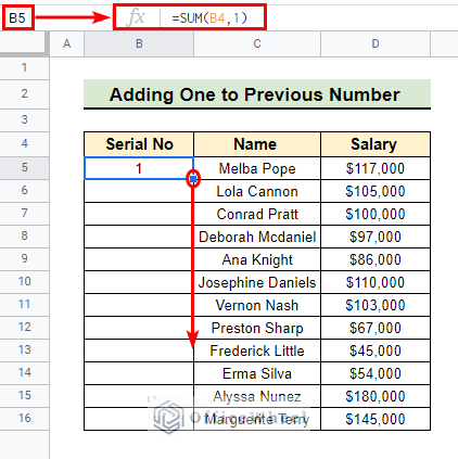 Dragging down the fill handle tool to insert serial numbers in Google Sheets