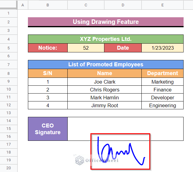 Signature inserted in Google Sheets