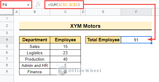 execute sum function to lock cells in google sheets formula 
