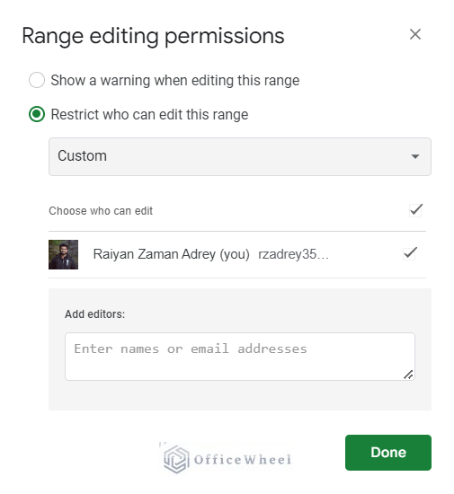 Custom option availing from the range editing permissions pop up