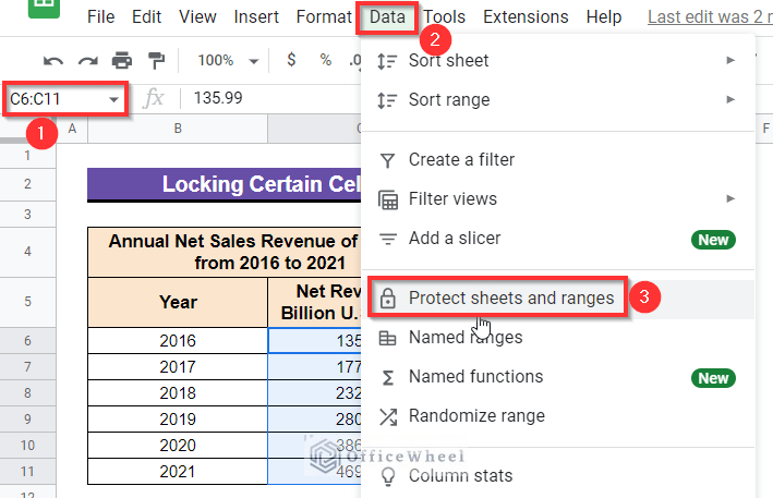 Using protect sheets and ranges feature from data menu from toolbar