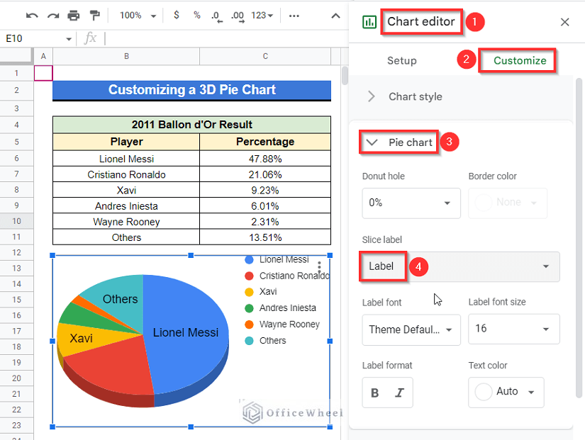 how to add slice label in 3D pie chart in Google sheets