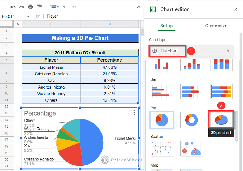 creating 3D pie chart in google sheets