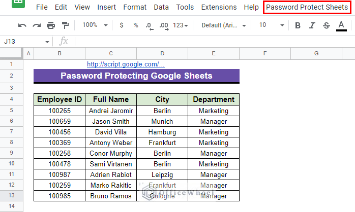 password protect sheets menu created at the toolbar