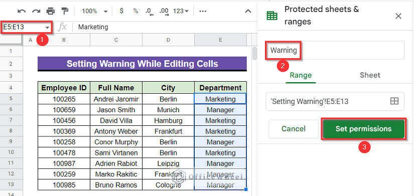 using protected sheets & ranges feature to set warning to a specific range of cells