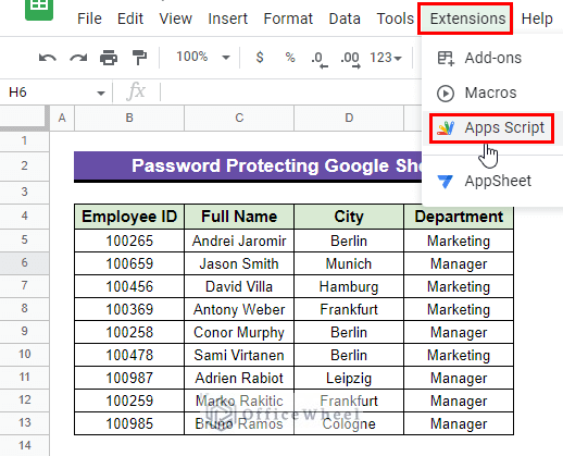 Opening Apps Script to insert codes to password protect google sheets
